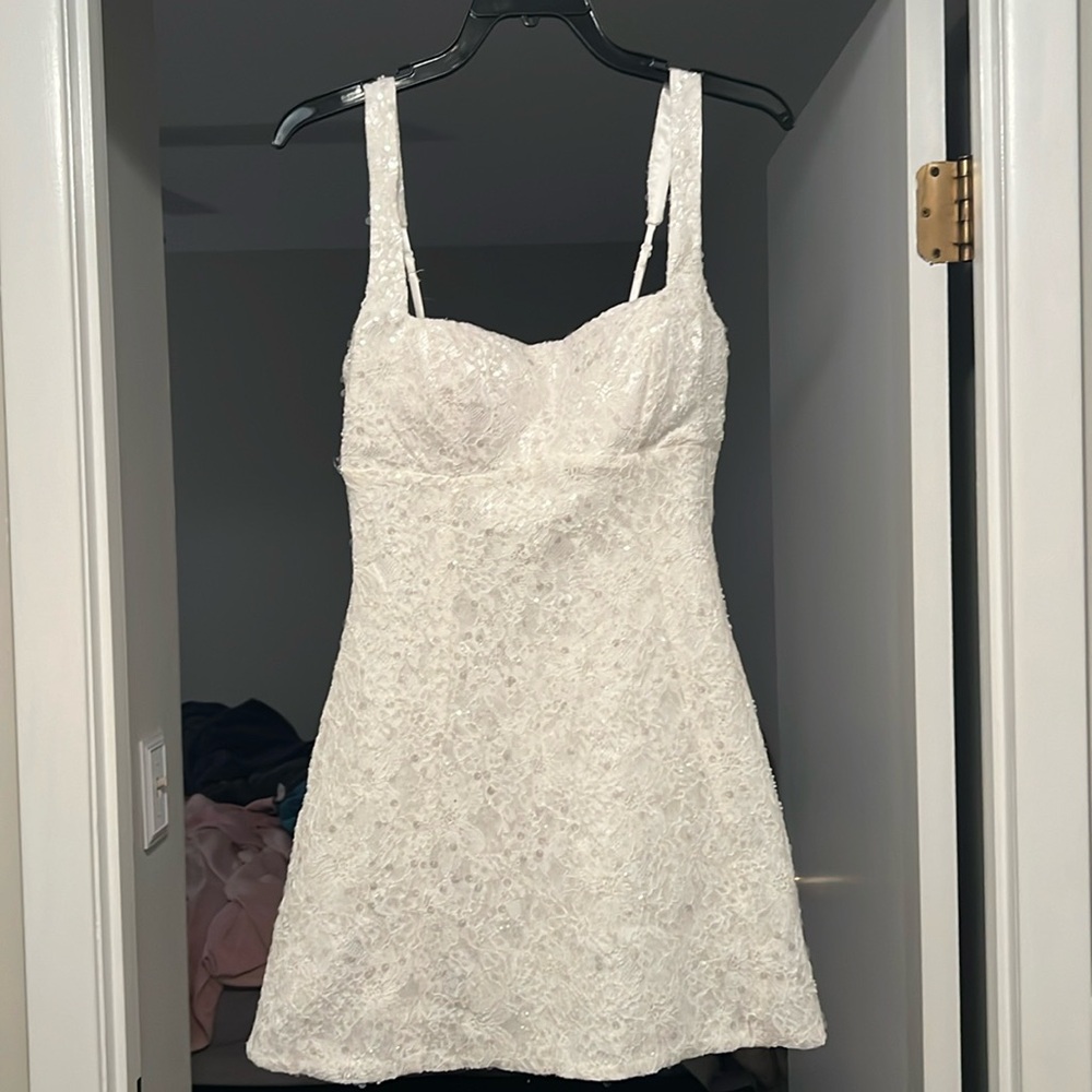 White Beaded Lace A-Line Mini Dress